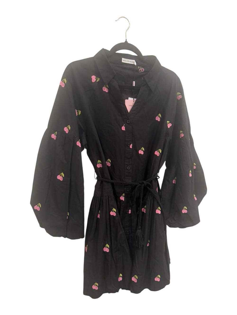 Avec Les Filles Cherry Embroidered Mini Shirt Dress Size 8 NWT Black Cotton - Picture 8 of 9